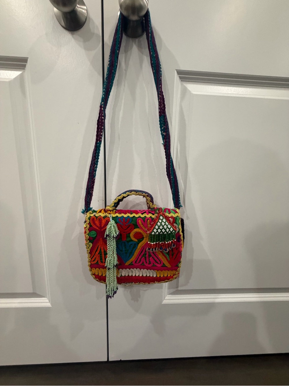 Colorful Embroidered Multicolor Crossbody Bag with Tassel